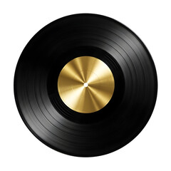 Close up of a vintage black vinyl record with a shiny golden center label on a dark background