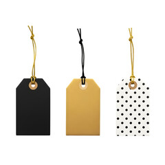 Three blank gift tags with string hanging against a solid black background for design and marketing