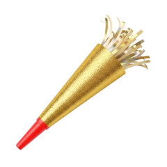 Golden party horn with red tip and streamer fringe against a black background celebrating a special event