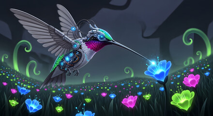 Fototapeta premium futuristic bird and colorful flower