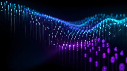 Abstract digital wave of glowing blue and purple particles flowing in a dark futuristic cyberspace with data streams and binary code elements