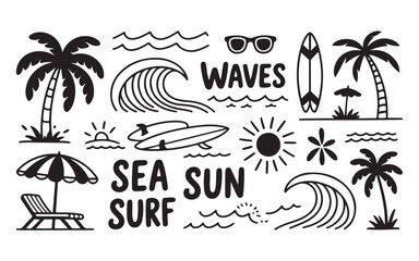 Naklejka premium Summer beach doodles with surfing and vacation theme