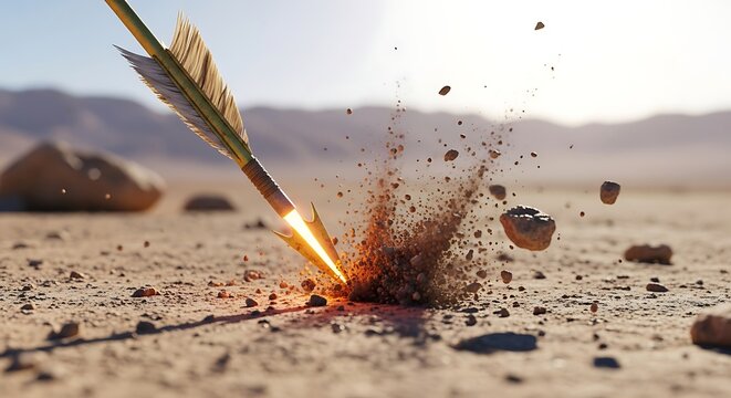 Arrow hitting dry ground in desert with dust and rock explosion impact