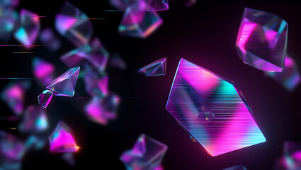 Abstract iridescent geometric crystals floating and shimmering with vibrant pink purple and blue light against a dark background creating a futuristic and ethereal digital art