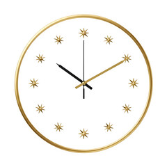 Elegant gold rimmed clock face with sparkling star hour markers on a dark background