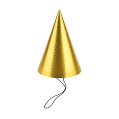 A single shiny gold glitter party hat isolated on a solid black background with a subtle shadow