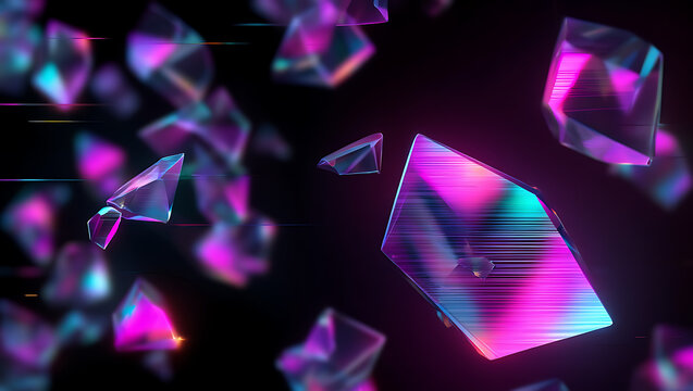 Abstract iridescent geometric crystals floating and shimmering with vibrant pink purple and blue light against a dark background creating a futuristic and ethereal digital art - Powered by Adobe