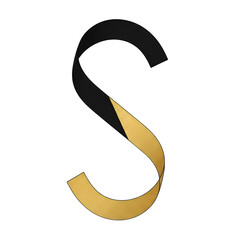 Elegant black and gold ribbon forming the letter s on a dark background