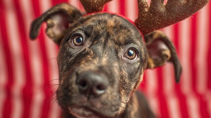 Sweet puppy wearing reindeer antlers headband. Candy cane backdrop