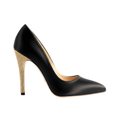 Elegant black stiletto high heel shoe with a textured golden heel on a black background