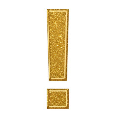 Golden glitter exclamation mark symbol on black background for emphasis and importance