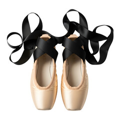 Pair of ballet pointe shoes with satin ribbons tied in bows against a black background