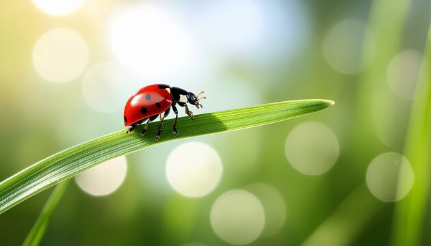 Red spotted ladybug insect on a green grass blade in a garden macro close-up