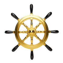 Shiny golden ship s wheel with black handles against a solid black background