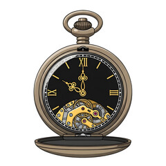 Vintage pocket watch with intricate mechanical movement and roman numerals on a black background