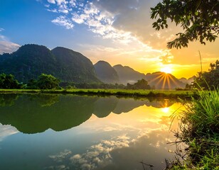 Majestic landscape featuring mountains reflected in a calm lake during sunset