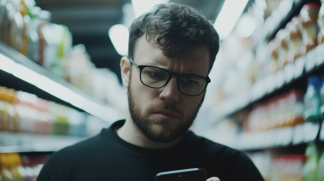 Young Caucasian Male in Supermarket Aisle Browsing Phone for Shopping List