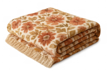 Folded vintage floral blanket with fringe, retro design, soft wool textile in cream and earthy tones, isolated object