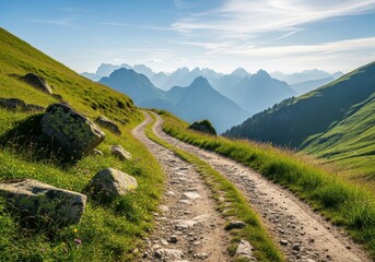 Fototapeta premium Scenic mountain trail winding through lush green hills with majestic peaks in the distance