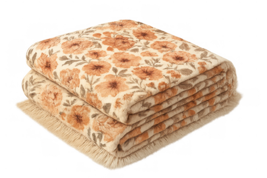 Folded pile of a fleece throw blanket with an elegant orange and brown blossom design. Ideal soft furnishing