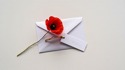 White envelope with red poppy flower and blank tag on light background

