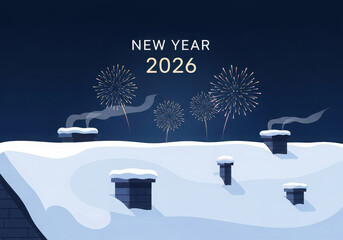 New year 2026 celebration with fireworks above a snow-covered roof at night