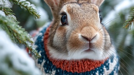 Naklejka premium Adorable rabbit wearing Christmas sweater. Snowy pine branches background