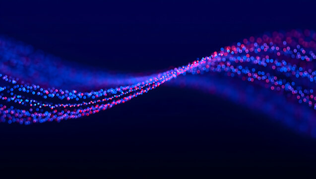 Abstract glowing blue and purple particle wave flowing across a dark background representing data technology or energy in a digital universe