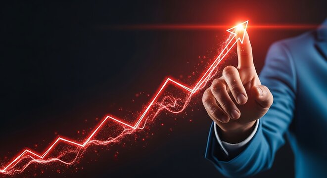 Business man pointing at glowing red arrow graph going up on dark background