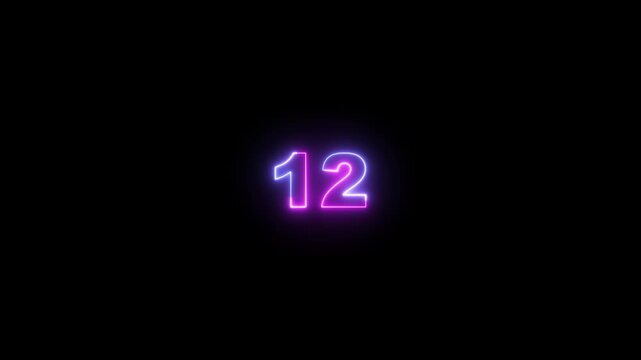 Glowing neon digital text animation. Text number 12 count icon violet and blue color motion graphic animation on black screen.Neon number 12.