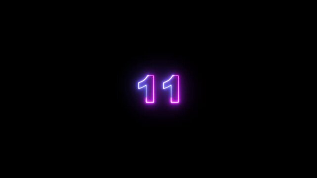 Glowing neon digital text animation. Text number 11 count icon violet and blue color motion graphic animation on black screen.Neon number 11.