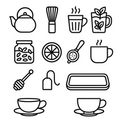 Global Tea Icons. Global Tea Rituals outline icon set: teapot, matcha whisk, chai cup, mint tea glass, loose leaf jar, lemon slice, tea strainer, steaming mug, honey dipper, tea