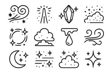 Enchanted Frosty Icons. Enchanted Atmosphere outline icon set: frost swirl, light beam, crystal glow, snow dust, sparkle ring, mist, frozen droplet, breeze, moonlight, cold shimmer