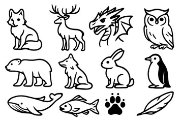Naklejka premium Frost Creature Icons. Frost Creatures outline icon set: snow fox, white stag, ice dragon, owl, polar bear, wolf, rabbit, penguin, whale, fish, paw print, feather.