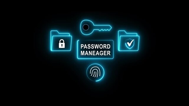 User accessing password manager with fingerprint, lock icons, and secure folder visuals on smartphone. neon line 3d animation on a black background.
