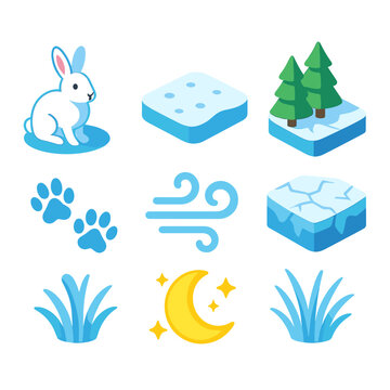 Arctic Hares Icons. Arctic Hares modern flat icon set: white hare, snowy field, pine trees, frozen ground, paw prints, winter wind, moonlight, frosted grass.