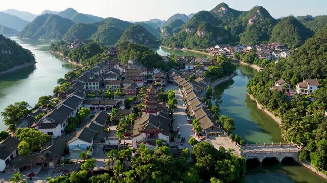 Aerial photography material of an ancient town among mountains and rivers. Guilin��s landscapes are the best in the world