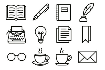 Obraz premium Creative Writing Tools. Writing & Storytelling outline icon set: open book, fountain pen, notebook, feather quill, inkpot, typewriter, light bulb, page stack, bookmark, glasses,