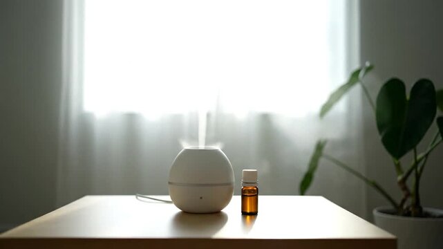 An essential oil diffuser sits beside a small glass bottle on a light-toned wooden table. Soft light shines