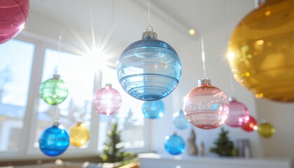 Christmas ornaments hanging in sunny room holiday decoration