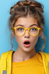 a young girl wearing yellow glasses and carrying a black backpack, with a surprised expression, against a solid bright blue background