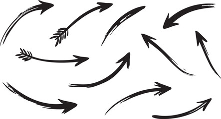 Set of slender hand-drawn curved arrows and archer darts featuring brush effects for directional guidance