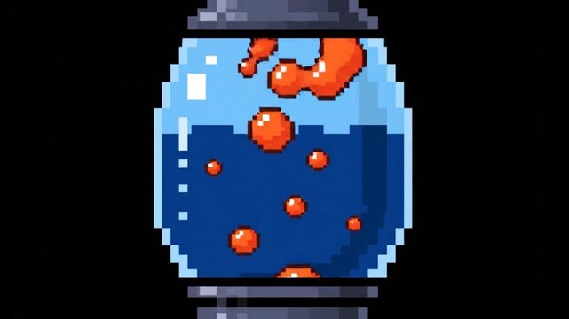 A pixelated jar filled with a blue liquid and orange bubbles, set against a black backdrop