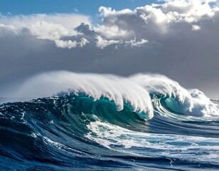 Massive ocean wave crests and breaks, with dramatic clouds above