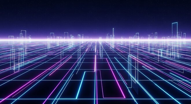 Explore a futuristic cityscape with vibrant neon grids and starry sky, perfect for modern tech designs, digital art projects, and cutting-edge presentations