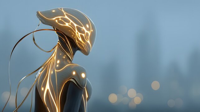 Futuristic humanoid figure with glowing lines in a misty landscape