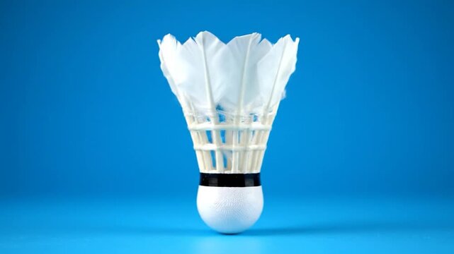 A badminton shuttlecock, with white feathers and a white, black, and white base, set against a bright blue backdrop