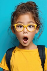 a girl wearing yellow-framed glasses and carrying a backpack, surprised expression on a blue background