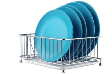 Blue plates in a metal dish rack isolated on transparent background