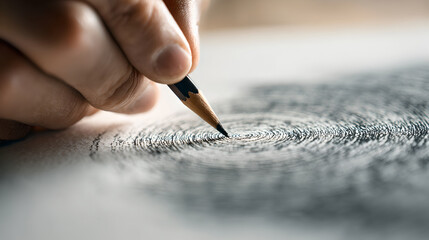 Hand sketching concentric circles and spirals with a sharp pencil. 